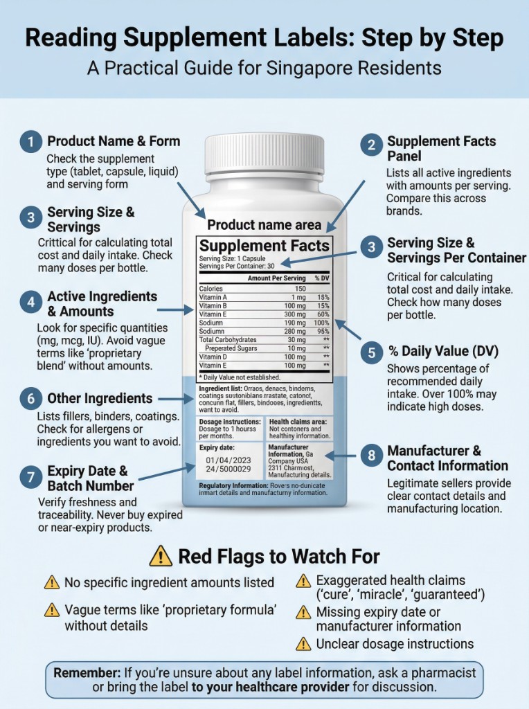 Reading Supplement Labels Step by Step — a practical guide for Singapore residents showing how to read the supplement facts panel, serving size, active ingredients, % daily value, expiry date, and red flags to watch for.